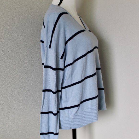 Light Blue Striped Relaxed Fit V-Neck Sweater - Picture 4 of 8